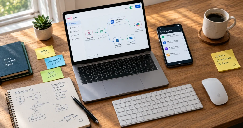 Workspace showing laptop with AI automation workflow builder, notepad with flowchart sketches, and automation tools setup representing unrestricted AI automation platforms