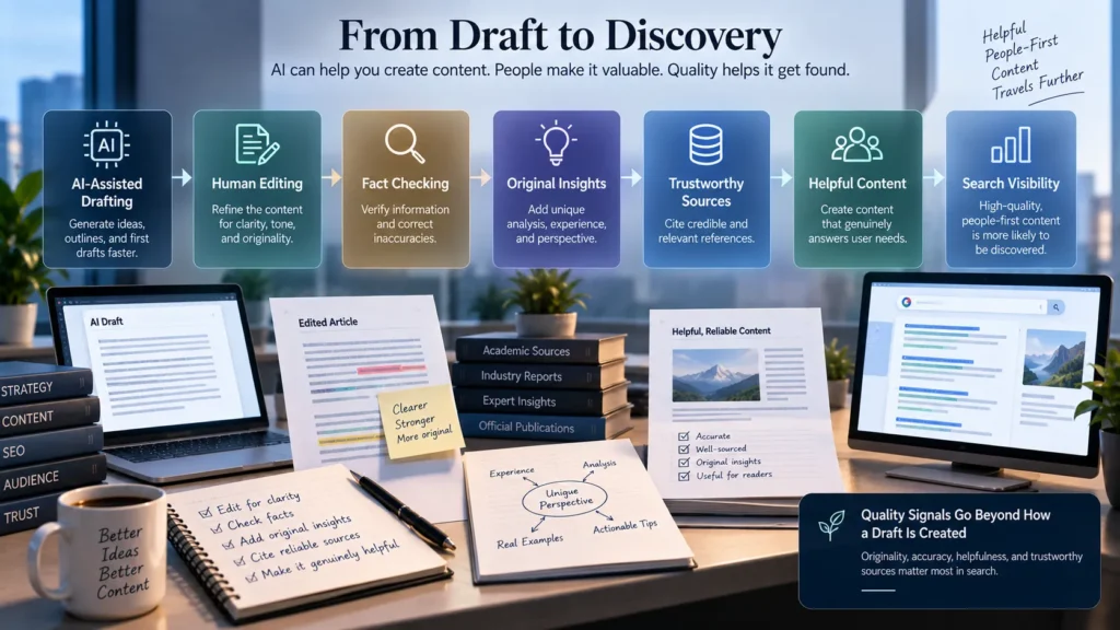 AI-assisted content workflow for Google Search quality with human review, original analysis, and fact checking