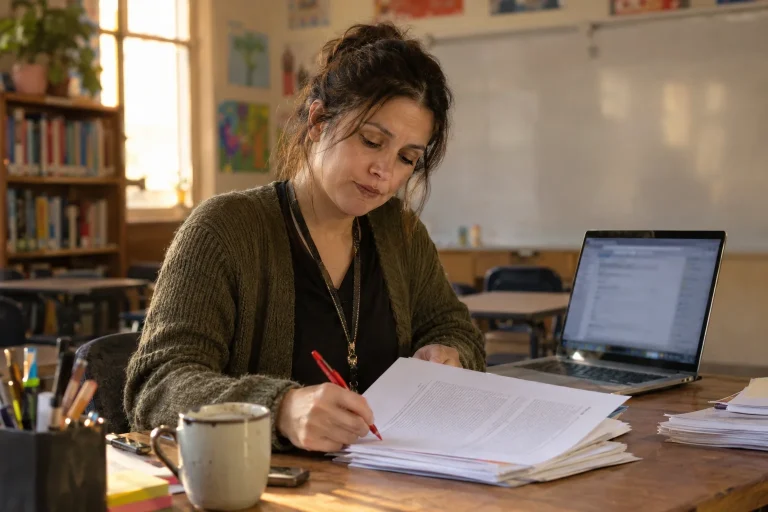 Teacher reviewing a student essay with a red pen beside a laptop at a classroom desk