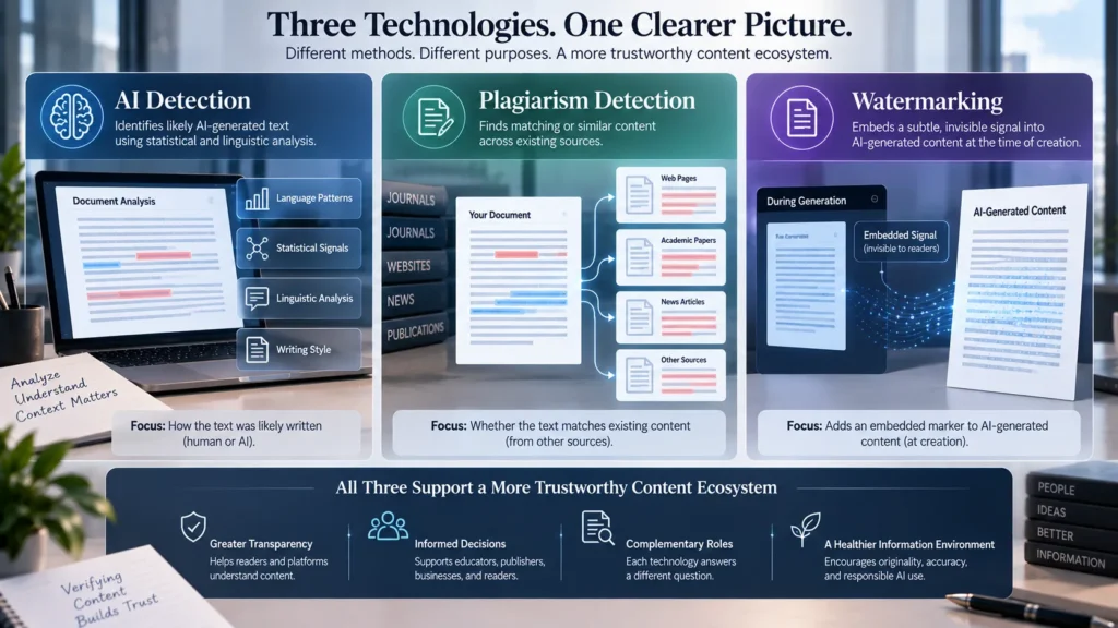 AI detection vs plagiarism detection vs watermarking explained with three content verification workflows