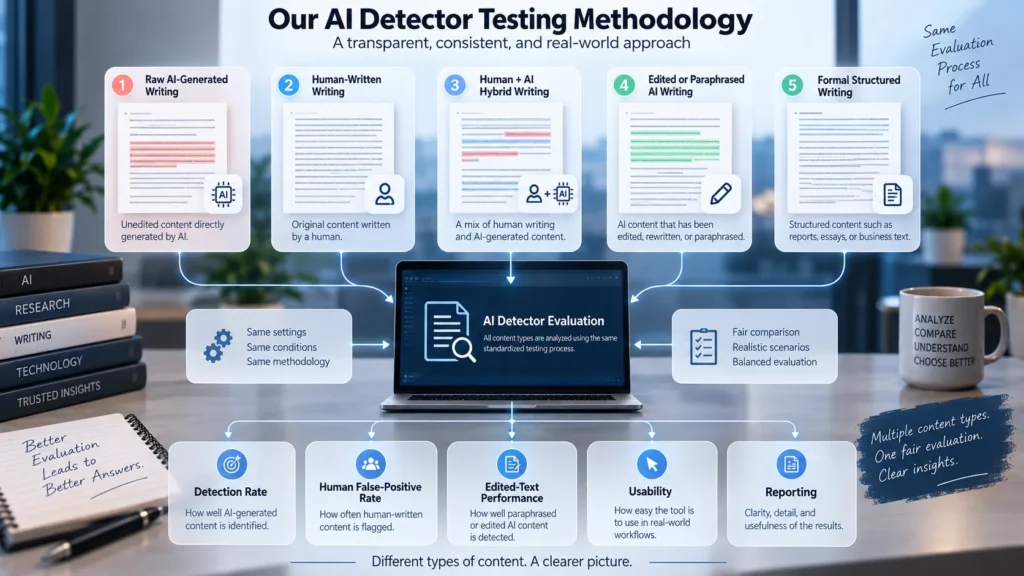 AI detector testing methodology for raw AI, human, hybrid, edited, and paraphrased text