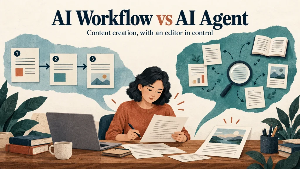 AI Workflow vs AI Agent for content creation, showing an editor reviewing an article alongside fixed workflow steps and flexible research paths.