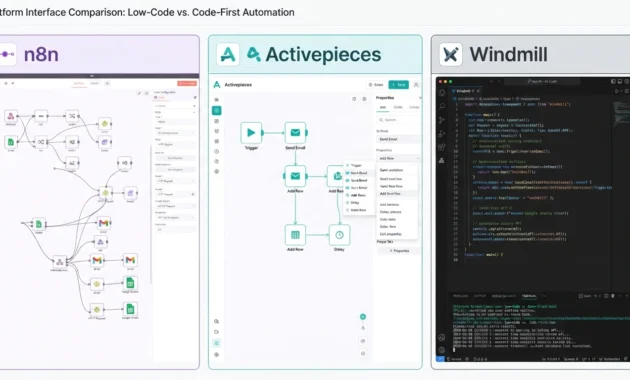 Side-by-side comparison of n8n, Activepieces, and Windmill automation workflow builder interfaces showing different UI approaches


