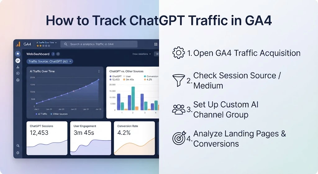 Tracking ChatGPT traffic in GA4 for AI referral traffic analysis and website performance.