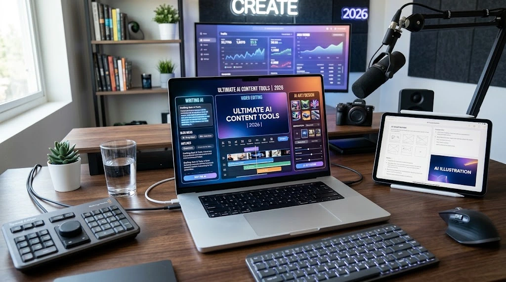A modern digital interface displaying a curated list of the best AI tools for productivity, content creation, and automation.