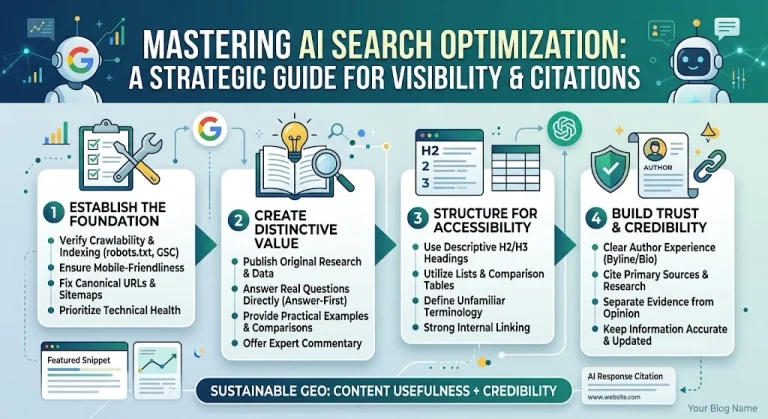 Infographic guide on how to optimize content for AI search featuring four core pillars: technical foundation, distinctive value, accessible structure, and credibility.