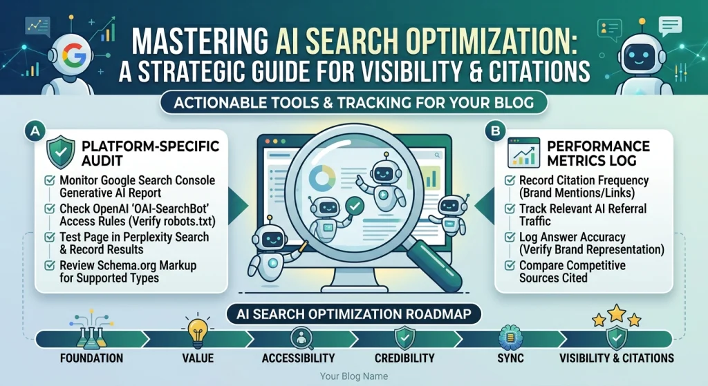 An infographic titled "MASTERING How to Optimize Content for AI Search in 2026: A STRATEGIC GUIDE FOR VISIBILITY & CITATIONS - ACTIONABLE TOOLS & TRACKING FOR YOUR BLOG." The graphic features a central stylized monitor where cute AI robots are using a magnifying glass to analyze data.