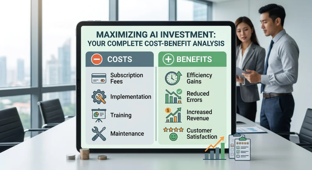 A visual comparison for AI cost-benefit analysis, showing costs like subscription fees and implementation alongside benefits like efficiency gains and increased revenue on a digital tablet, set in a modern office.