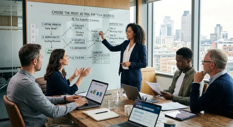 A diverse business team collaborating in a modern conference room with a city view, using a digital whiteboard to analyze a strategic flowchart for evaluating and selecting the right AI tool for their company.