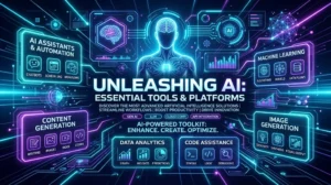 Futuristic digital illustration displaying modern AI tools and smart technology interfaces