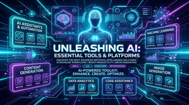 Futuristic digital illustration displaying modern AI tools and smart technology interfaces