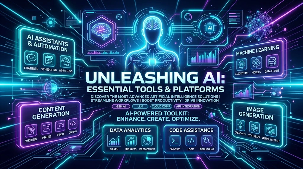 Futuristic digital illustration displaying modern AI tools and smart technology interfaces
