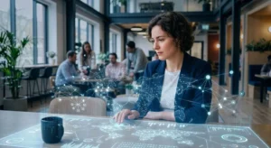 A professional woman analyzes search engine data visualizations and global connection networks using advanced technology, illustrating the insights provided by the best AI SEO tools for business visibility and ranking optimization.